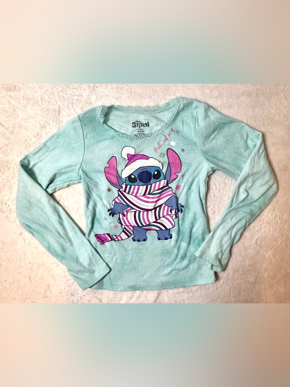 Stitch Kids Light Teal Long-Sleeve Christmas Top with Lace Neckline